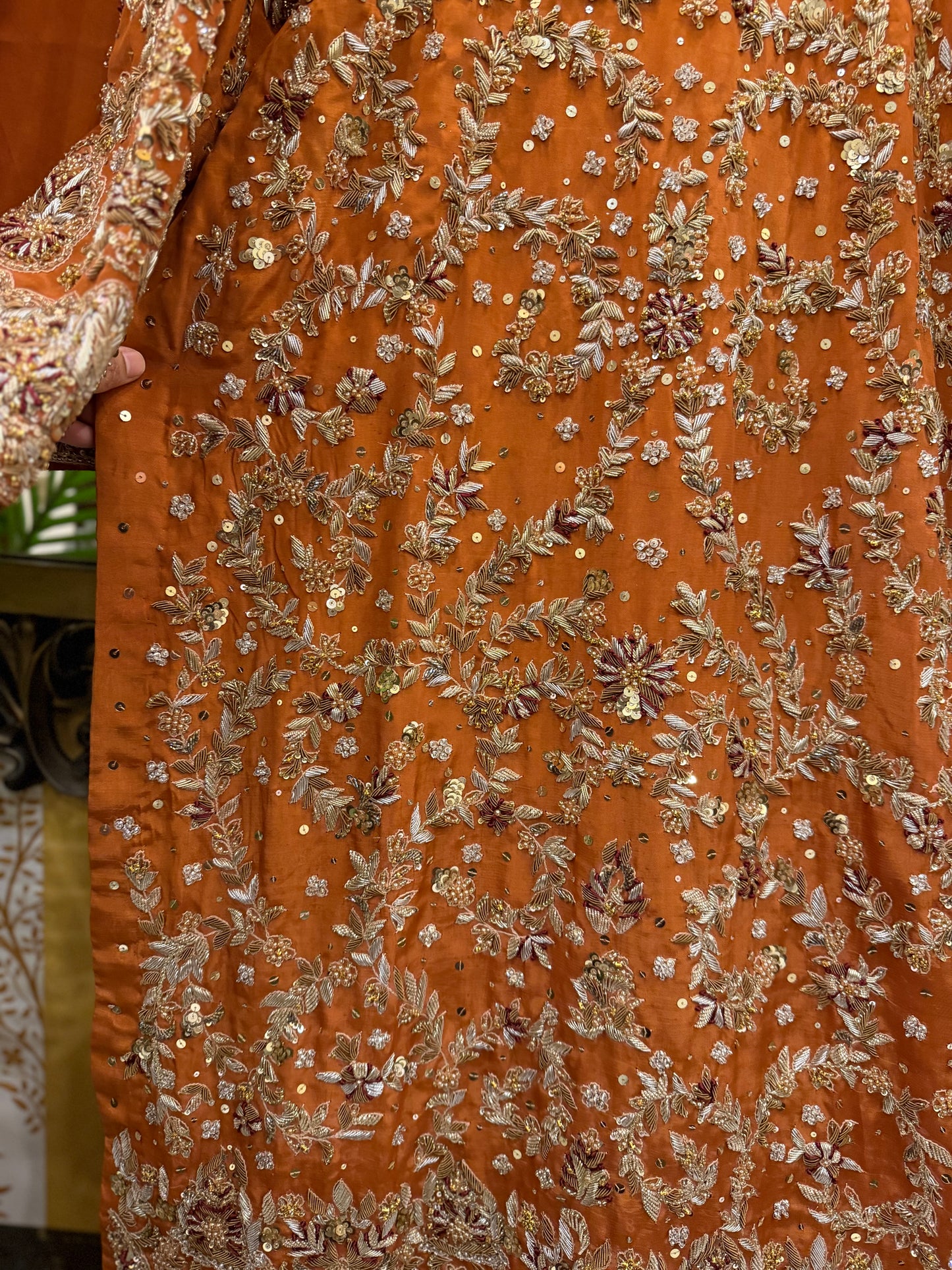 Rust Orange Embroidered Formal Dress with Maroon Dupatta