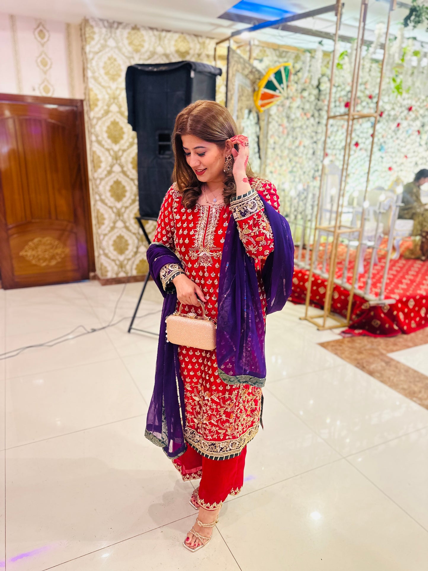 Designer Red Embroidered Formal Dress with Contrasting Purple Dupatta