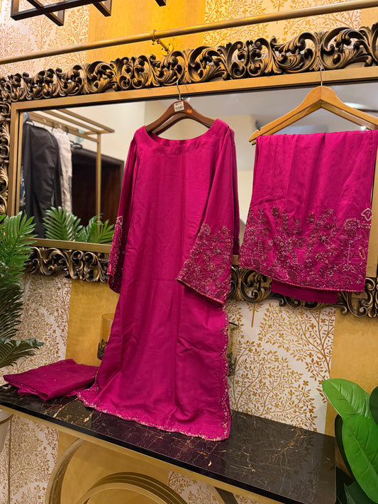 Magenta Embroidered Three-Piece Suit with Handwork Detailing