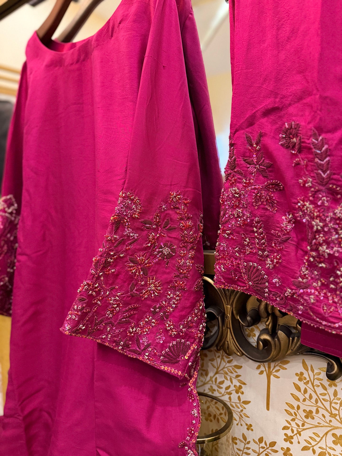Magenta Embroidered Three-Piece Suit with Handwork Detailing