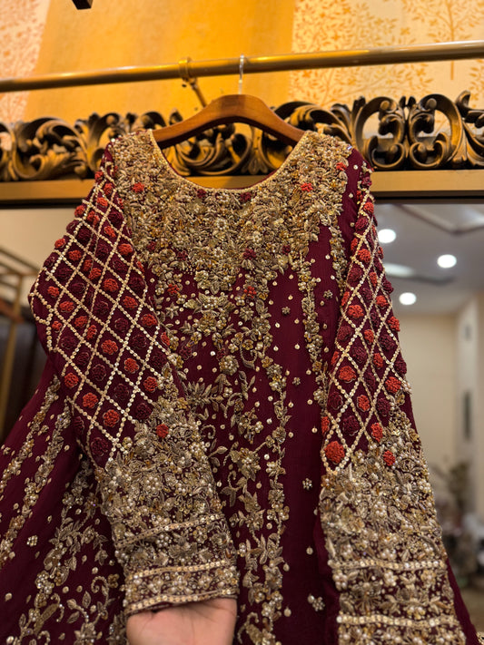 Maroon and Gold Bridal Anarkali Dress with Heavy Embroidery and Dupatta