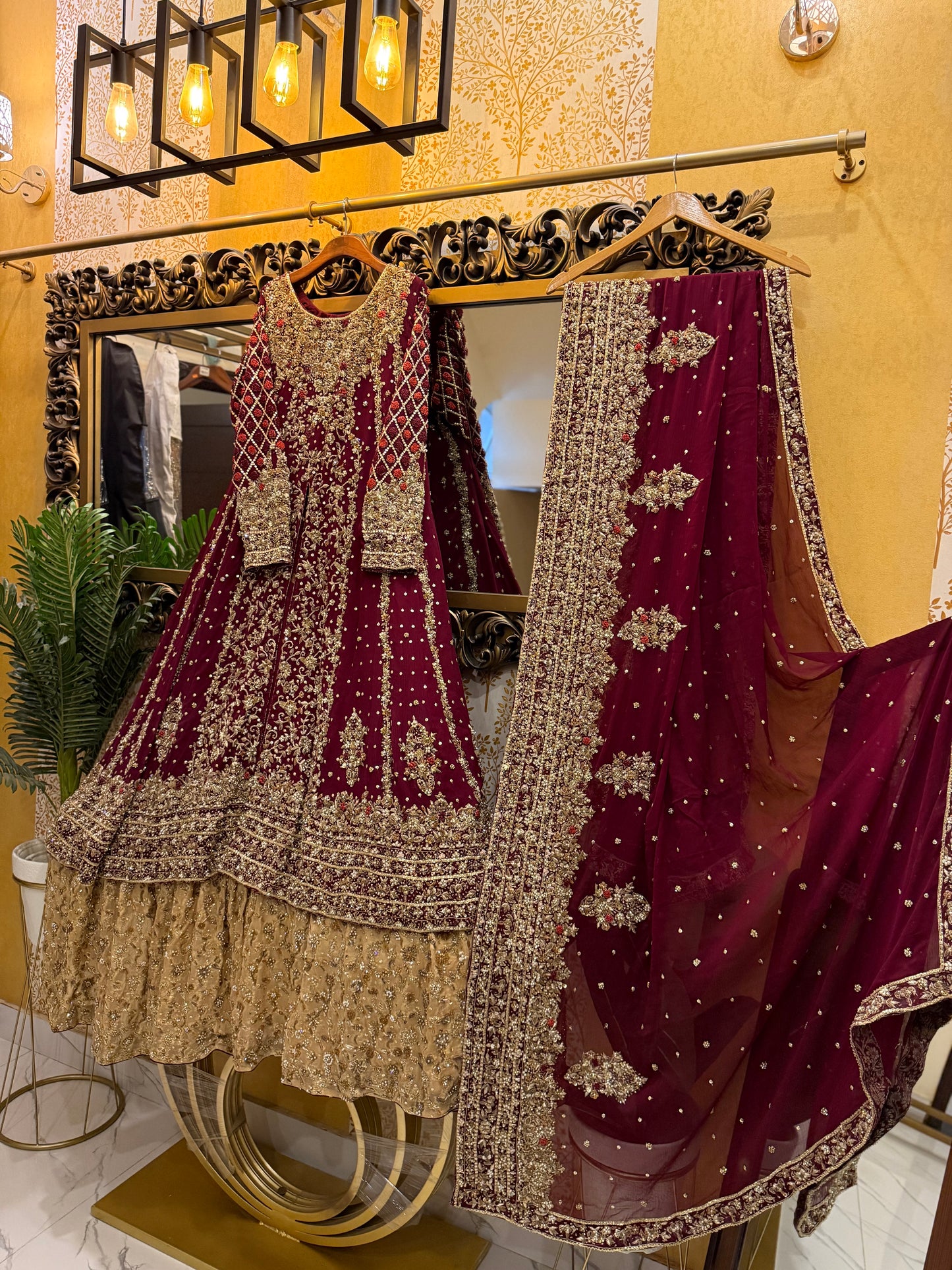 Maroon and Gold Bridal Anarkali Dress with Heavy Embroidery and Dupatta