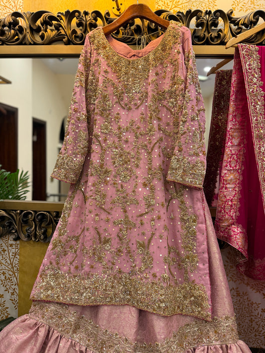 Blush Pink Embroidered Dress with ghrara & dark pink Dupatta