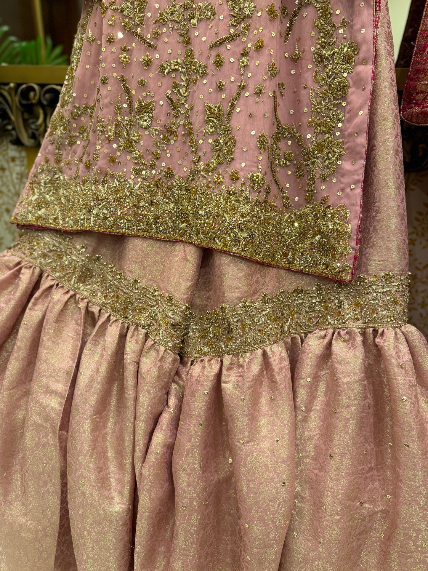 Blush Pink Embroidered Dress with ghrara & dark pink Dupatta