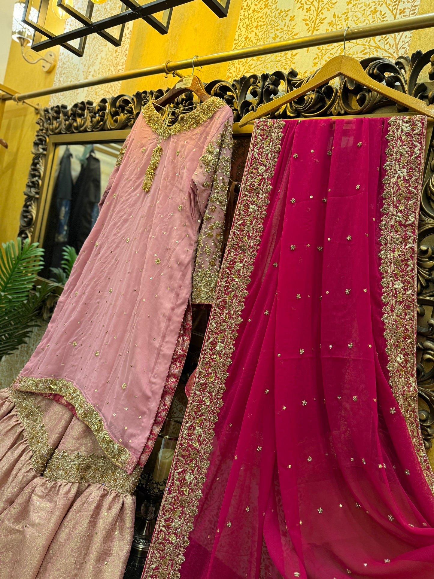 Blush Pink Embroidered Dress with ghrara & dark pink Dupatta