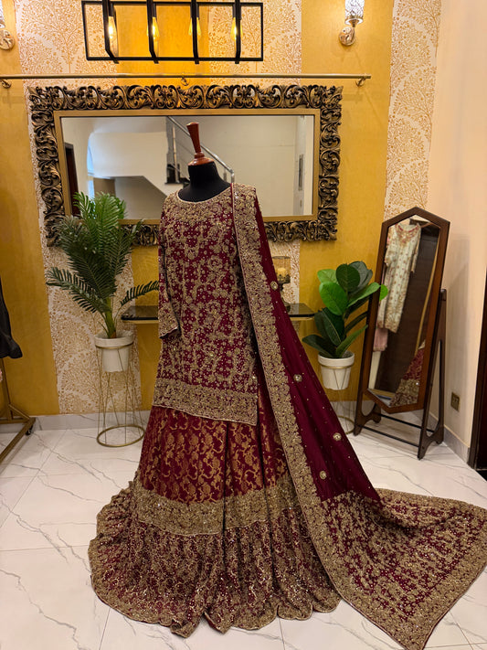 Elegant Maroon Bridal Lehenga with Heavy Golden Embroidery