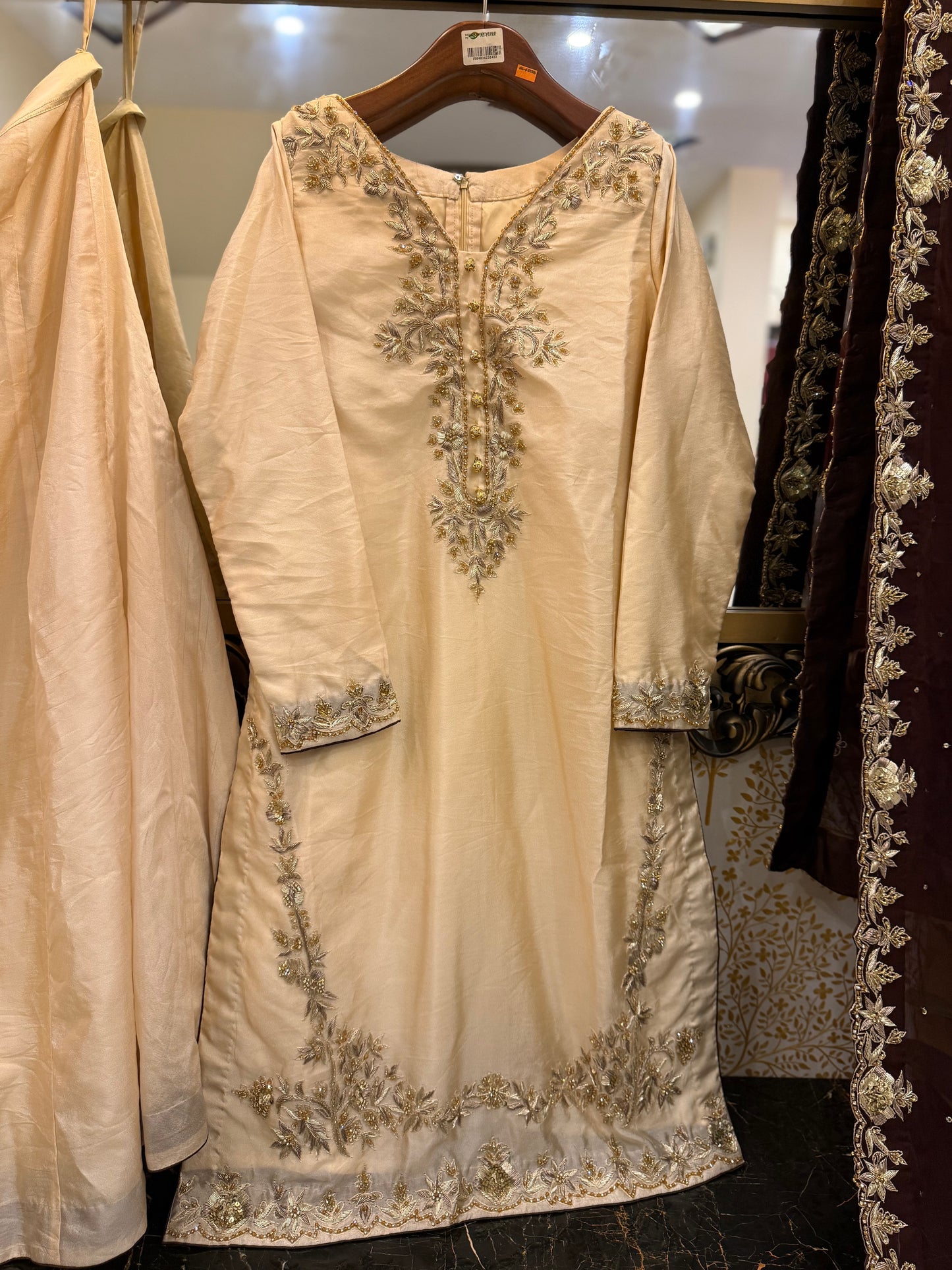 Ivory Embroidered Formal 3-Piece Suit with Brown Dupatta