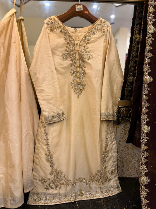 Ivory Embroidered Formal 3-Piece Suit with Brown Dupatta