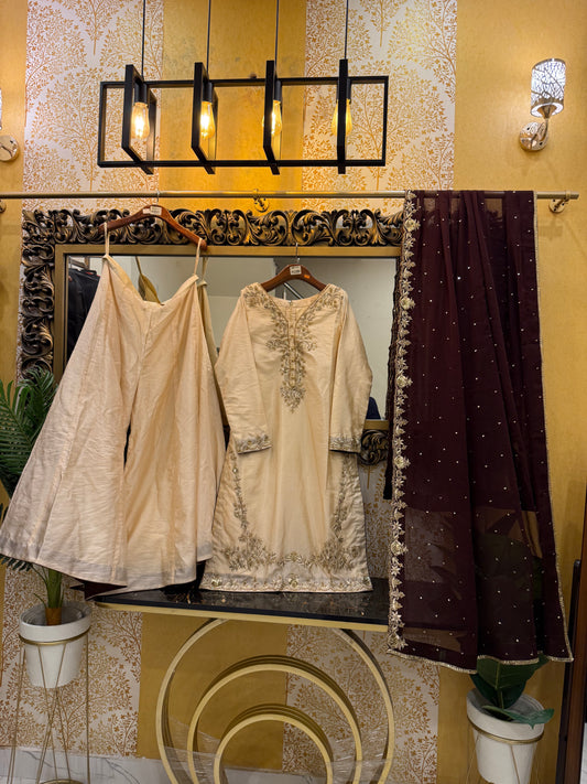 Ivory Embroidered Formal 3-Piece Suit with Brown Dupatta