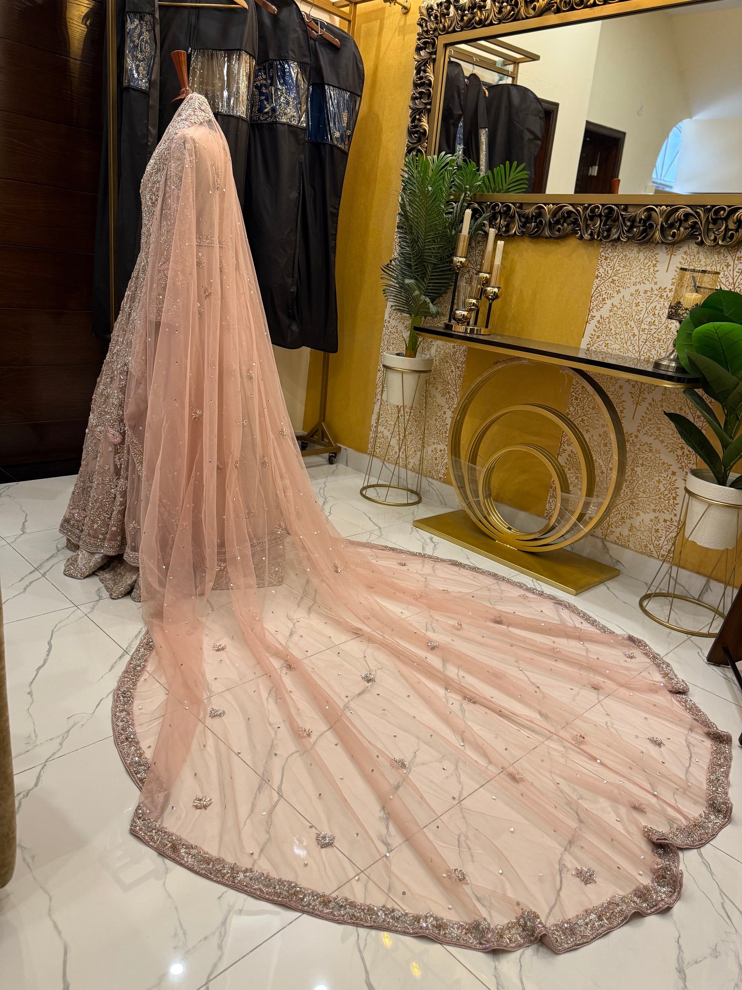 Blush Pink Heavily Embellished Bridal Gown with Veil
