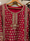 Designer Red Embroidered Formal Dress with Contrasting Purple Dupatta