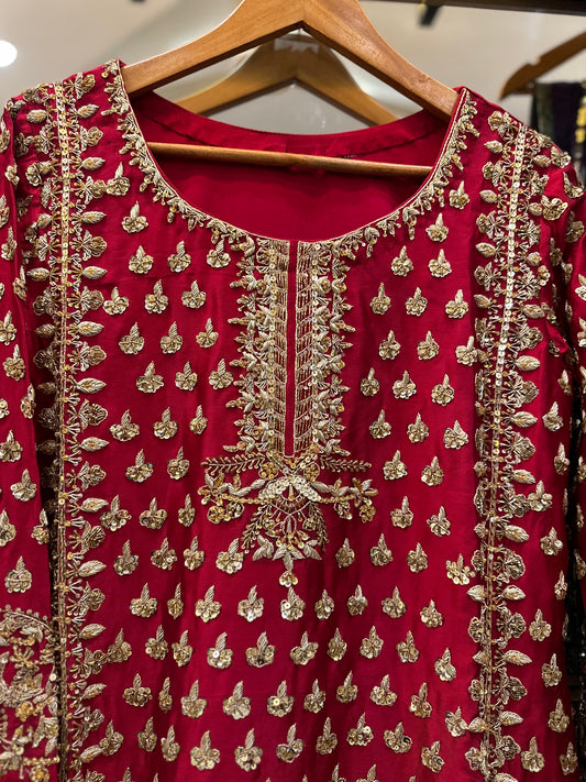 Designer Red Embroidered Formal Dress with Contrasting Purple Dupatta