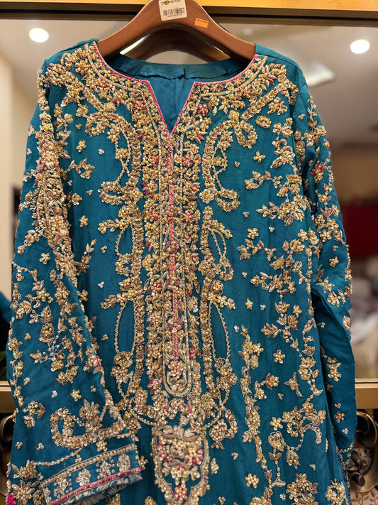 Teal Blue Embroidered Party Wear Dress with Magenta Dupatta