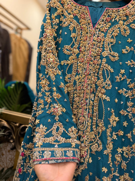 Teal Blue Embroidered Party Wear Dress with Magenta Dupatta