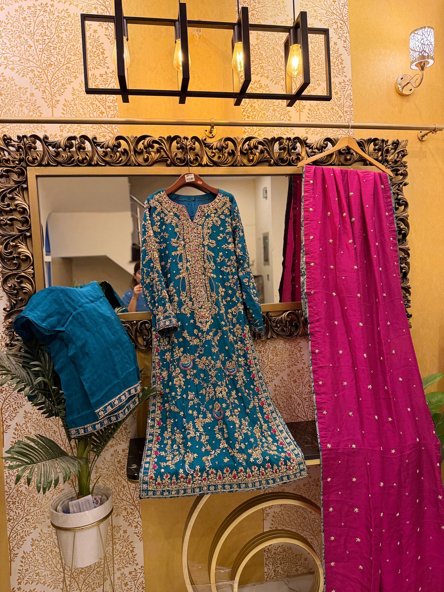 Teal Blue Embroidered Party Wear Dress with Magenta Dupatta