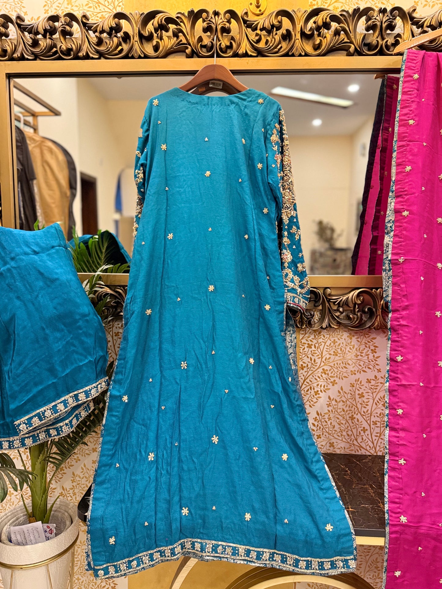 Teal Blue Embroidered Party Wear Dress with Magenta Dupatta