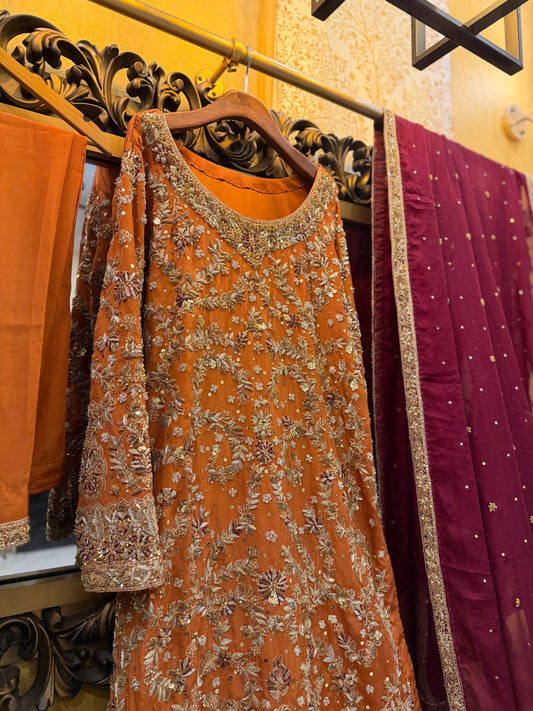 Rust Orange Embroidered Formal Dress with Maroon Dupatta