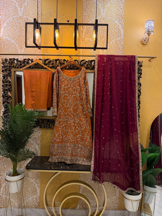 Rust Orange Embroidered Formal Dress with Maroon Dupatta