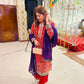 Designer Red Embroidered Formal Dress with Contrasting Purple Dupatta