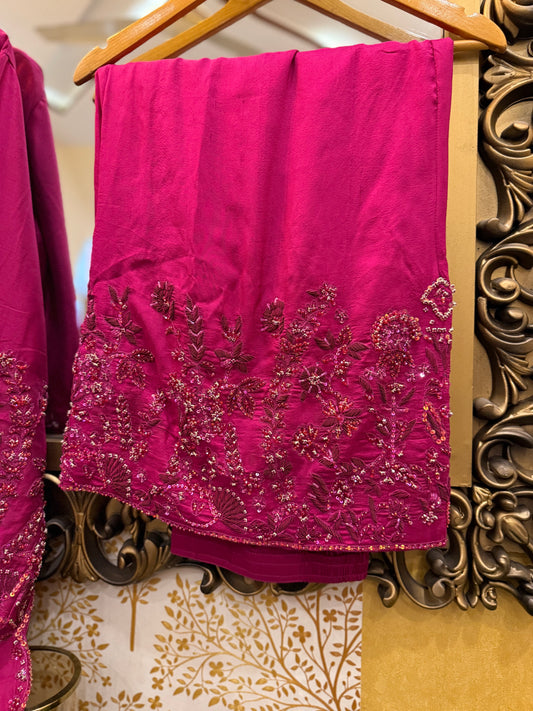 Magenta Embroidered Three-Piece Suit with Handwork Detailing