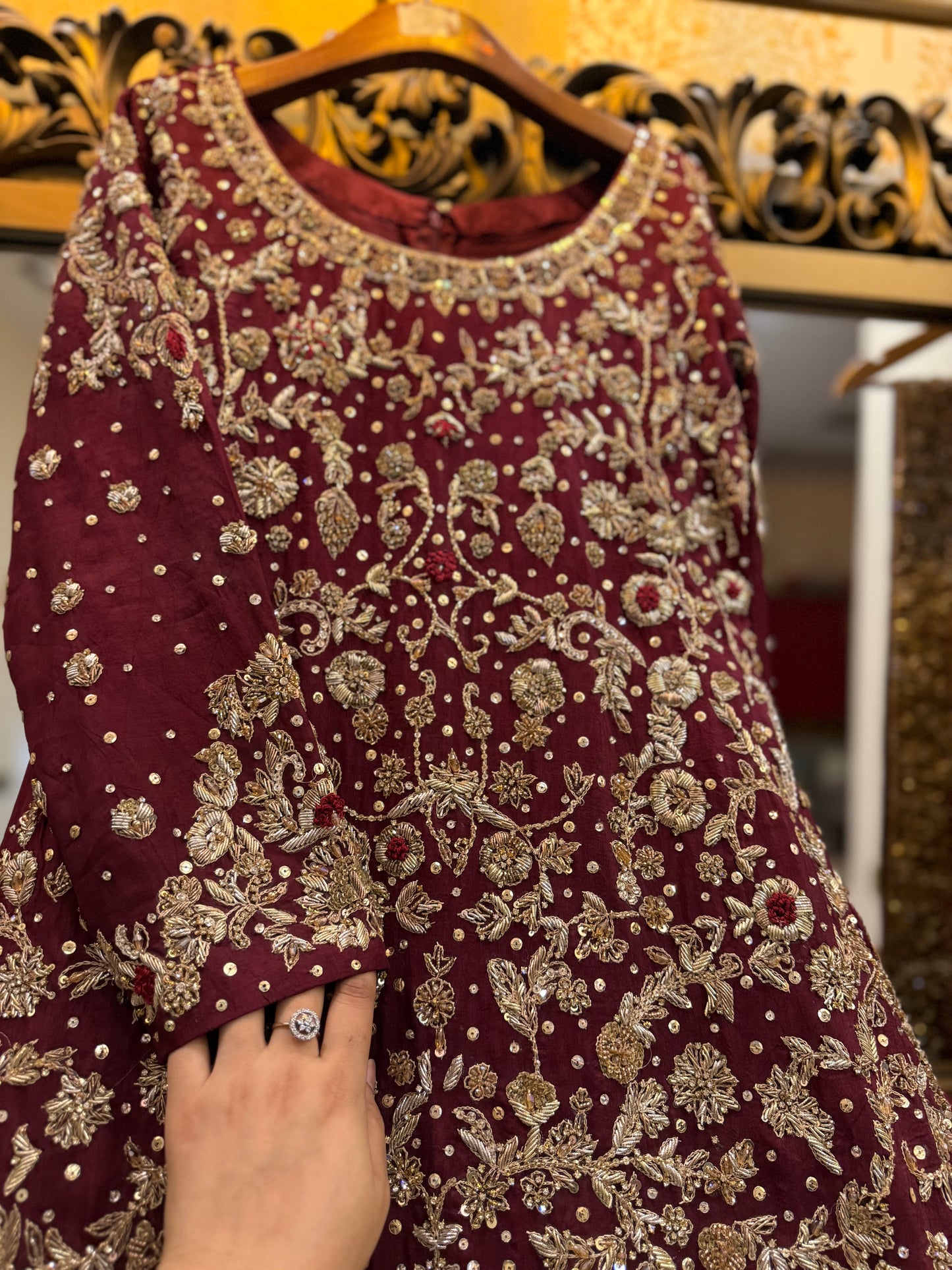 Bridal lehnga with gold antique embroidery