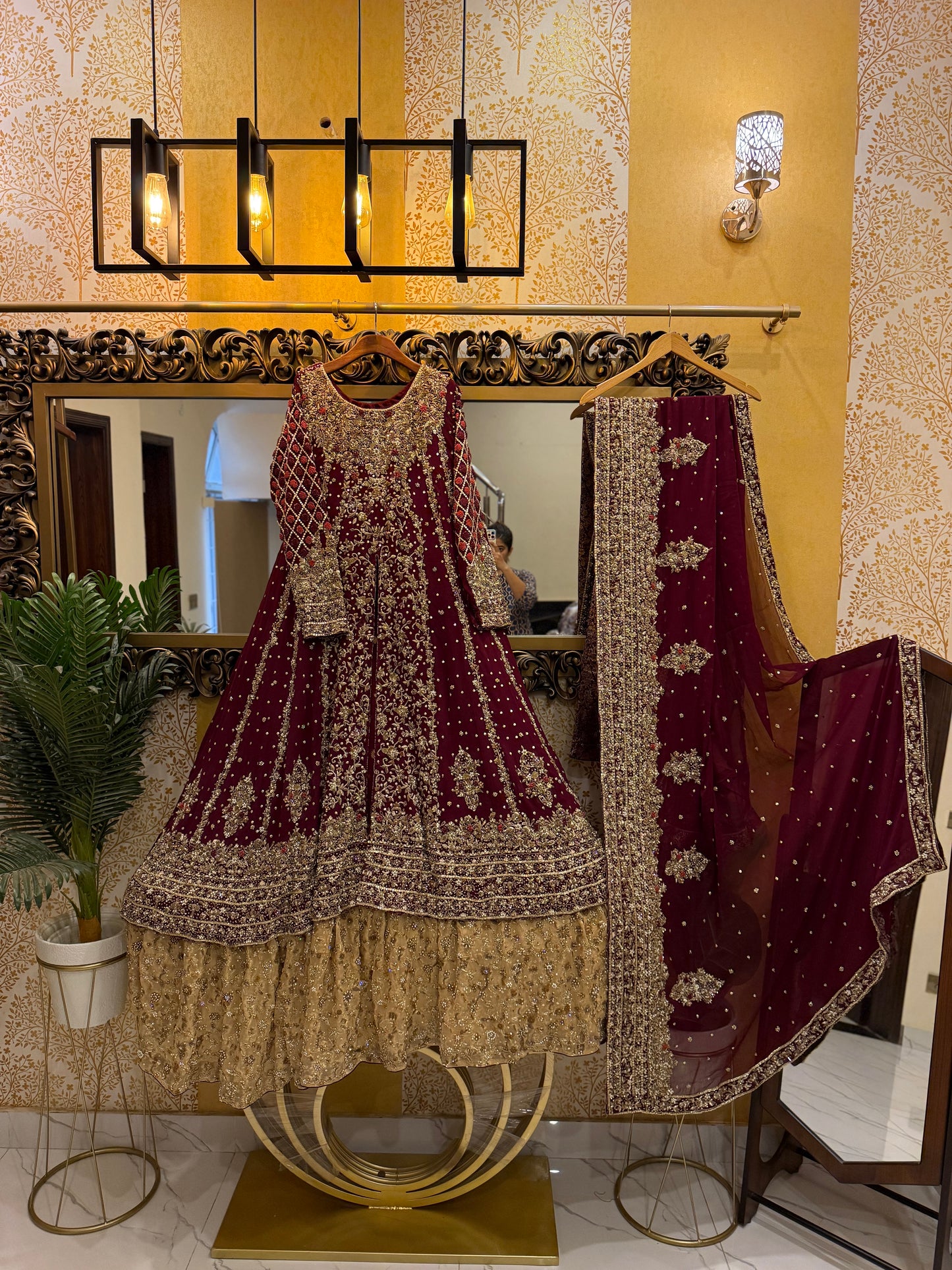 Maroon and Gold Bridal Anarkali Dress with Heavy Embroidery and Dupatta