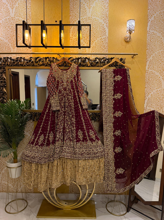 Maroon and Gold Bridal Anarkali Dress with Heavy Embroidery and Dupatta