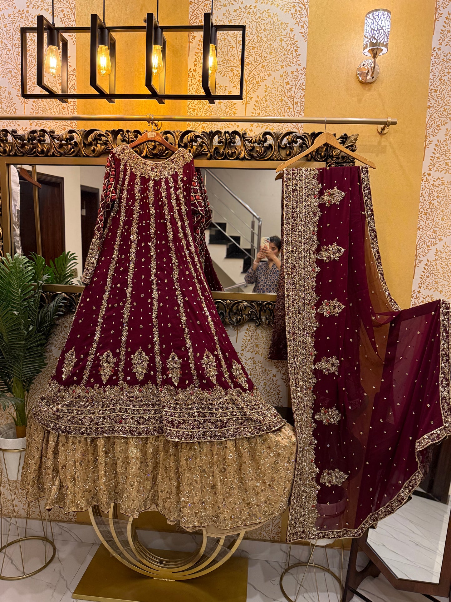 Maroon and Gold Bridal Anarkali Dress with Heavy Embroidery and Dupatta