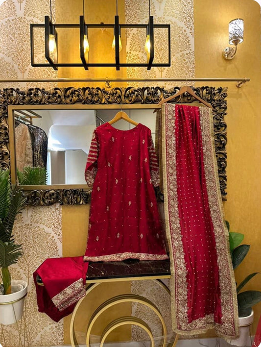 Luxury Red Embroidered Formal Dress with Dupatta