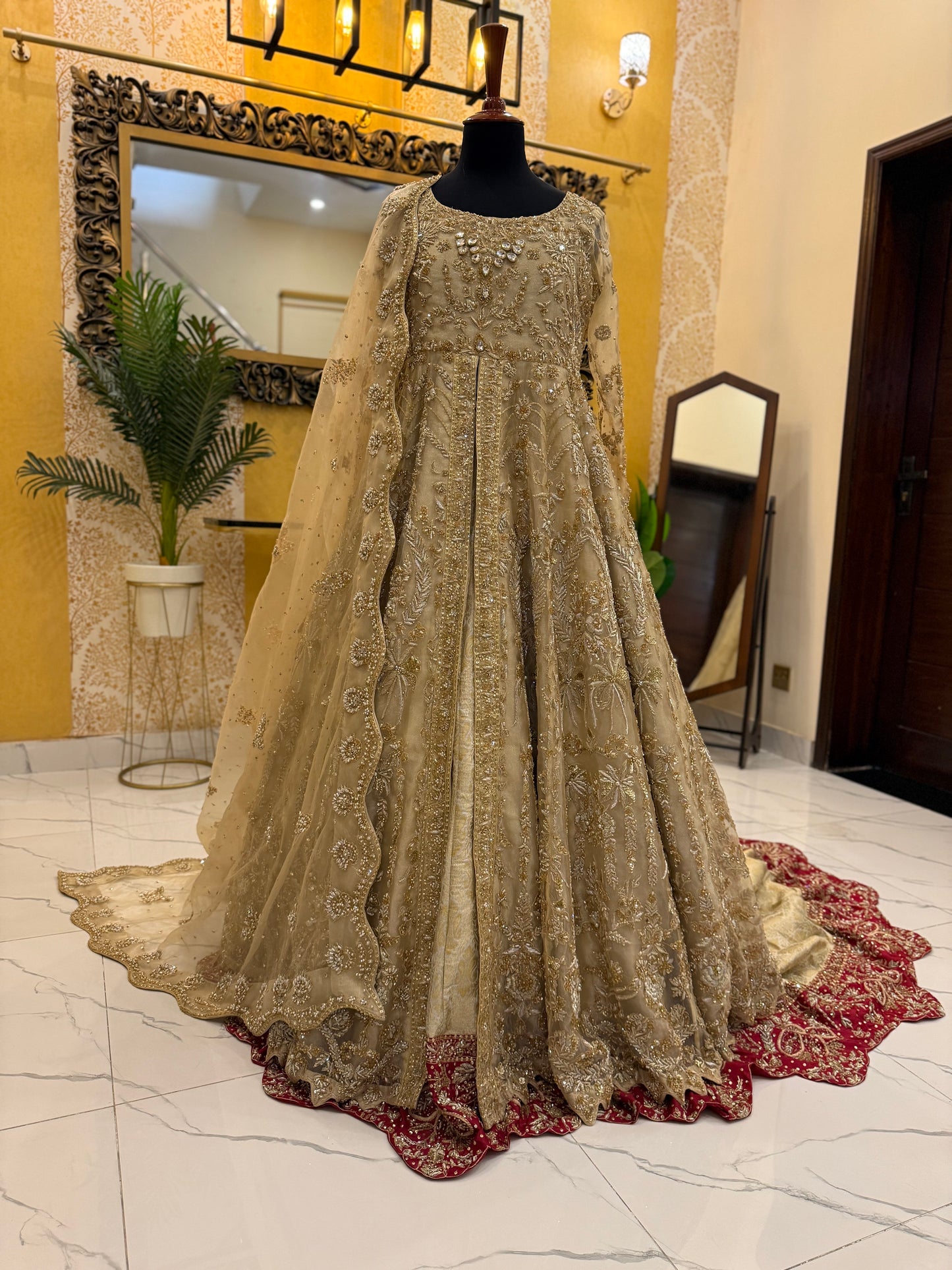 Luxury Golden Bridal Gown with Hand-Embellished Detailing