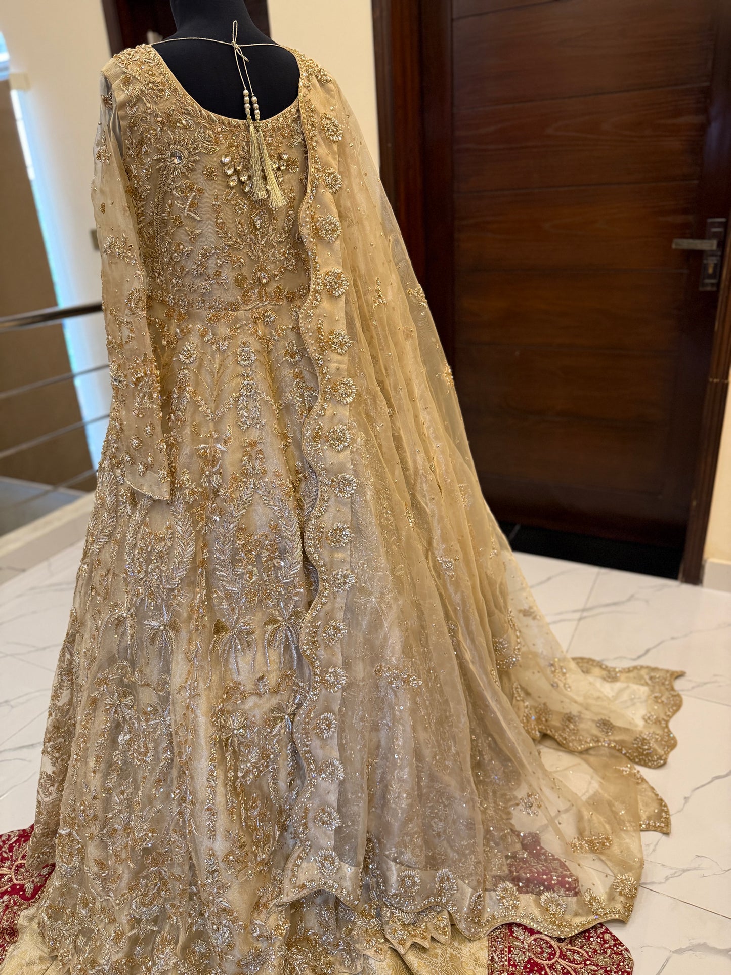 Luxury Golden Bridal Gown with Hand-Embellished Detailing