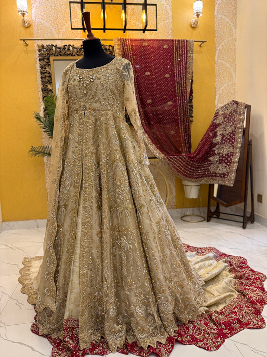 Luxury Golden Bridal Gown with Hand-Embellished Detailing