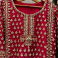 Designer Red Embroidered Formal Dress with Contrasting Purple Dupatta