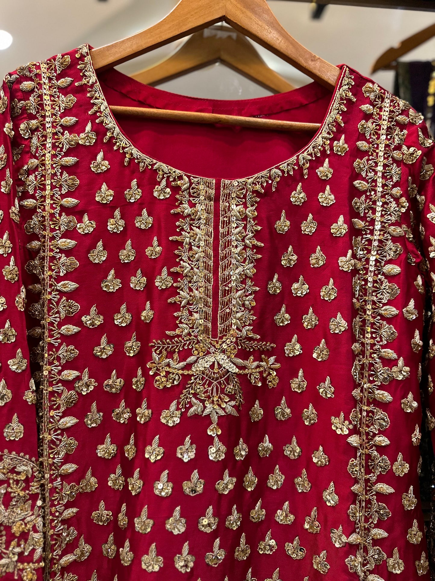 Designer Red Embroidered Formal Dress with Contrasting Purple Dupatta