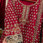 Designer Red Embroidered Formal Dress with Contrasting Purple Dupatta