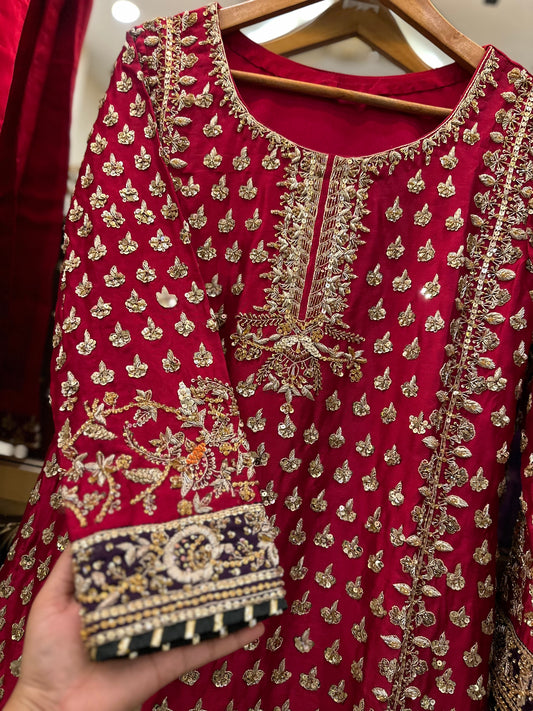 Designer Red Embroidered Formal Dress with Contrasting Purple Dupatta