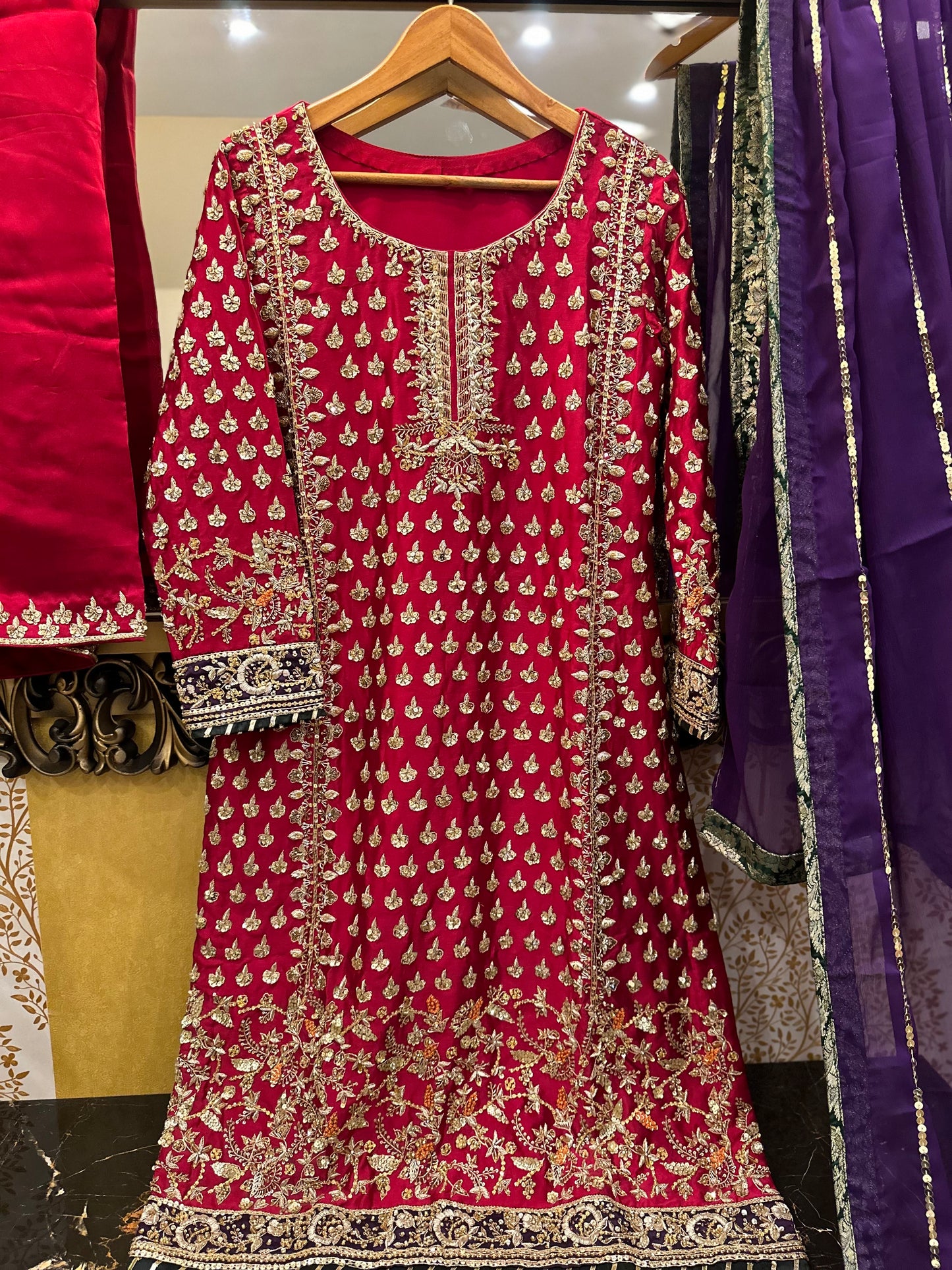Designer Red Embroidered Formal Dress with Contrasting Purple Dupatta