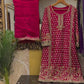 Designer Red Embroidered Formal Dress with Contrasting Purple Dupatta